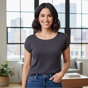 H&M grey with pearls beautiful short- sleeved blouse, size Small